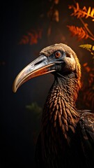 Obraz premium Enigmatic Portrait of a Hadada Ibis against a Dark Botanical Backdrop