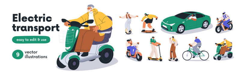 Naklejka na ściany i meble Electric transport set. People ride, drive eco-friendly green vehicles- car, scooter, bicycle, bike, hoverboard. Modern transportation. Flat graphic vector illustrations isolated on white background