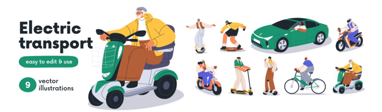 Electric transport set. People ride, drive eco-friendly green vehicles- car, scooter, bicycle, bike, hoverboard. Modern transportation. Flat graphic vector illustrations isolated on white background
