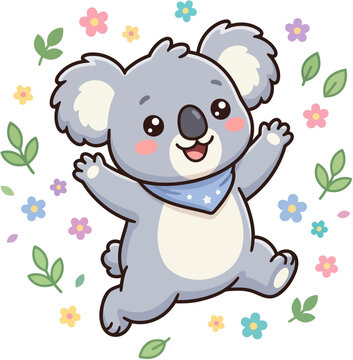 A cute cartoon koala dancing amidst colorful flowers and leaves