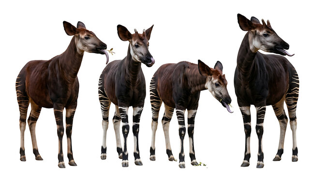 Four okapis in a row, isolated on white background, zoo animals