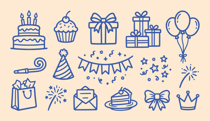 Birthday party doodle icons set featuring cake gifts balloons and confetti in outline style © Arshad