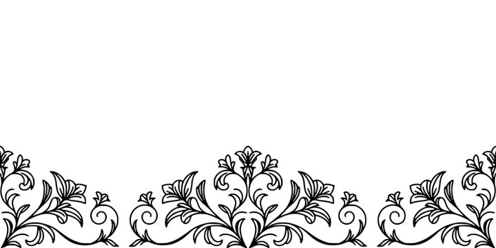 Ornamental Floral Design with Intricate Swirls and Leaves in a Symmetrical Pattern Featuring Black, White, Vintage with Decorative and Elegant