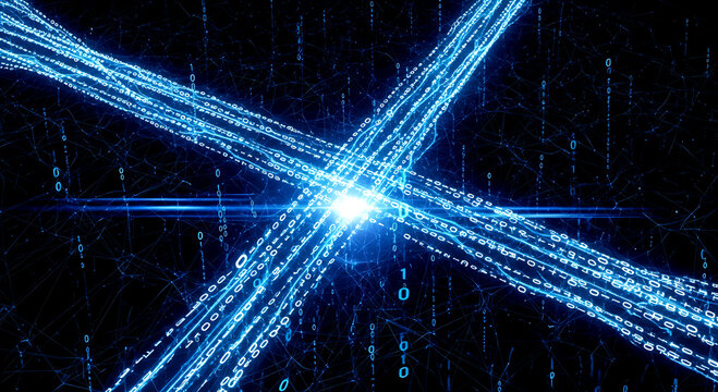 Abstract blue light beams with digital binary code numbers