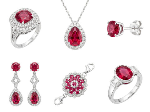 Luxurious ruby and diamond jewelry set with elegant rings, dazzling earrings, stunning necklace, and delicate bracelet.