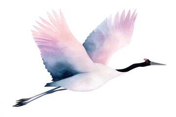 Fototapeta premium Elegant pastel toned watercolor crane bird flying against white background, expressing serenity and lightness. Excellent for calendars, invitations, posters, artistic wildlife collections
