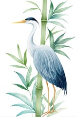 Fototapeta premium Vertical watercolor illustration crane bird with bamboo stalk, isolated on white background. Perfect for greeting cards, stationery, posters, concept of peace, harmony, nature inspired design