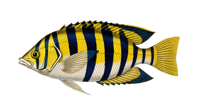 Yellow and blue striped fish with detailed fins