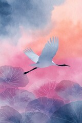 Fototapeta premium Elegant watercolor vertical illustration crane soaring over tranquil lotus flowers illuminated by warm colors of sunrise. Ideal for stationery, invitations, cultural designs, meditation themes