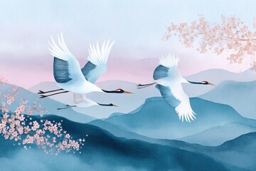 Fototapeta premium Soft watercolor postcard flying cranes, distant mountains, blooming sakura flowers in tranquil landscape. spring designs, decorative prints, cultural backgrounds, mindfulness concepts