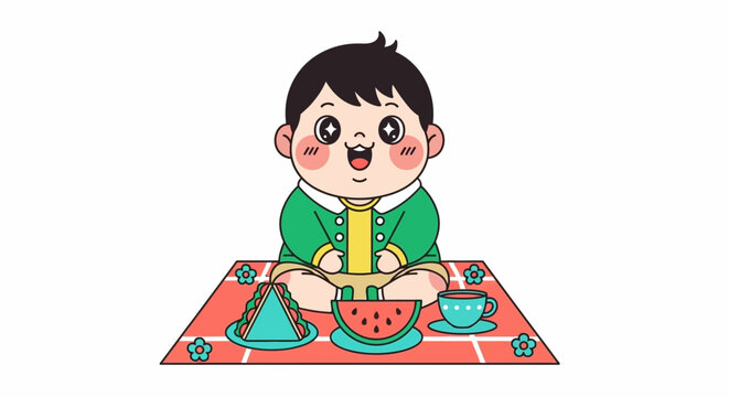 Happy cartoon child enjoying watermelon snack time indoors.