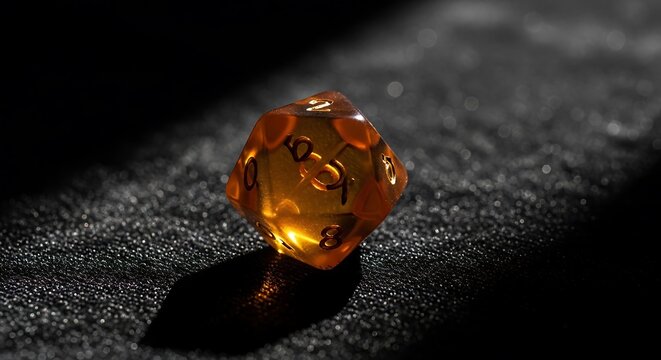An orange 12 sided dice sitting on a textured black surface with dramatic studio lighting and a shallow depth of field for a high contrast gaming aesthetic