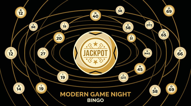 A modern game night bingo illustration with a central jackpot emblem and numbered balls on a black and gold background.