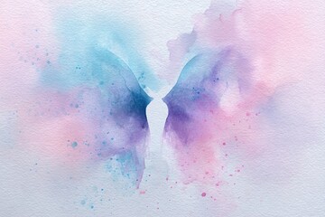 Obraz premium Elegant watercolor artwork of angel with soft wings on minimal pastel background, expressing peace, purity, divine presence. Suitable for posters, cards, spiritual templates
