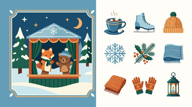 Flat vector winter illustration featuring a puppet theater with fox and bear hand puppets in a snowy forest at night, alongside a set of seasonal icons like hot cocoa, skates, and mittens.