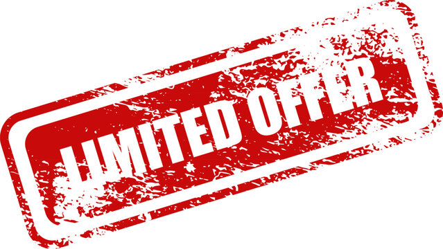 Distressed red rubber stamp graphic reads limited offer isolated on white background