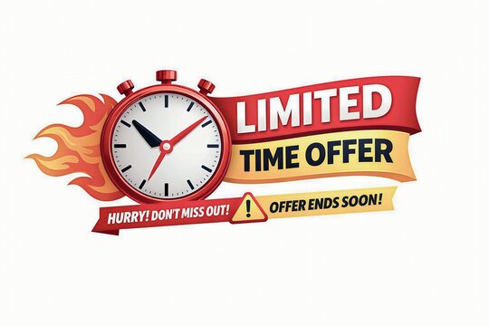 Alarm clock with flames showing limited time sale countdown on white background