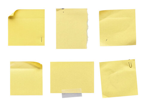 Six distinct yellow sticky notes in various conditions with office supplies, isolated on a transparent background.