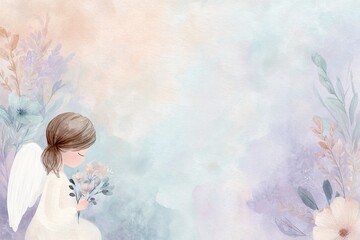 Fototapeta premium watercolor invitation design for First Communion cartoon angel and floral elements with clean pastel background and copy space. Perfect for greeting cards, event templates, religious branding