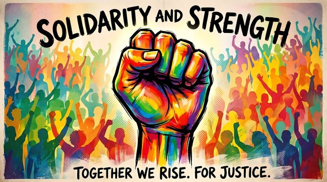 Vibrant watercolor protest art with a large raised fist and colorful crowd silhouettes, captioned "Solidarity and Strength" and "Together We Rise. For Justice."