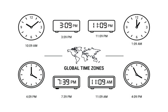 Global time zones concept with world map and different clocks illustration. around world map with analog and digital clocks displaying different times for travel and business.