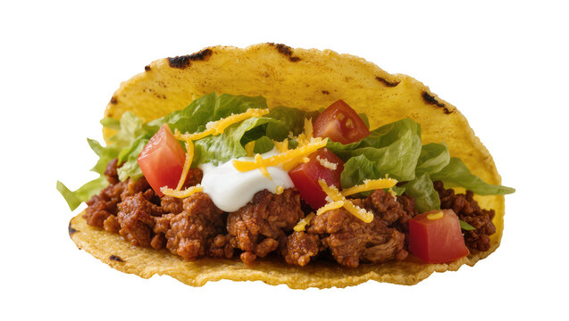 Crispy taco with ground beef lettuce tomato cheese, and sour cream