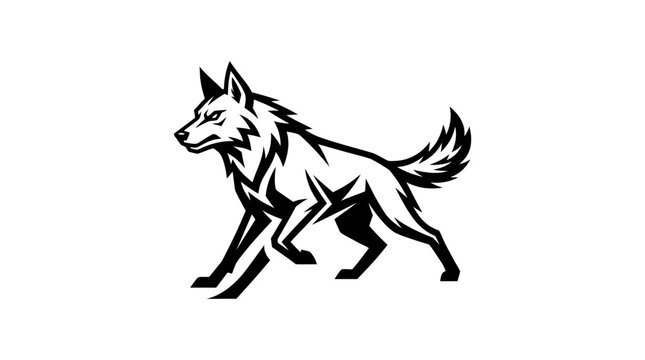 Black and white stylized wolf running illustration graphic.