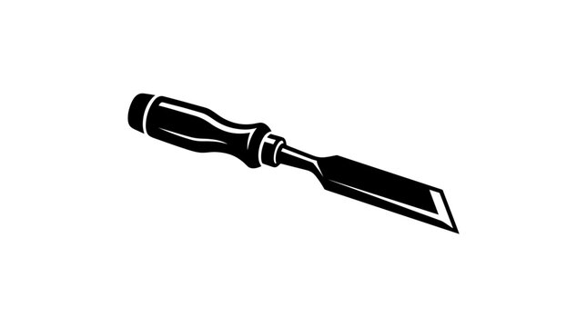Wooden carpenter chisel tool with black handle.