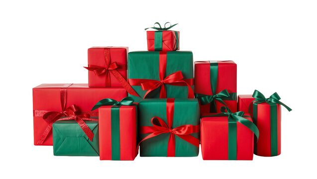 Stack of red and green Christmas gift boxes with ribbons