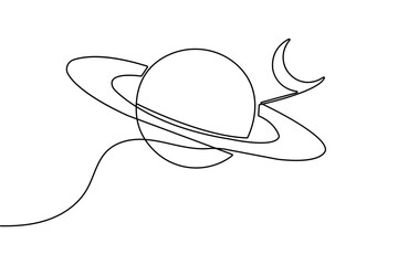 Saturn planet with crescent moon continuous one line drawing minimalist outline vector illustration. © Habiza19721
