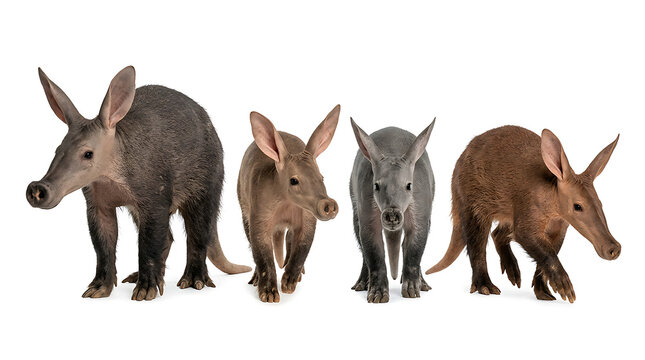 Group of four aardvarks isolated on a white background, studio shot