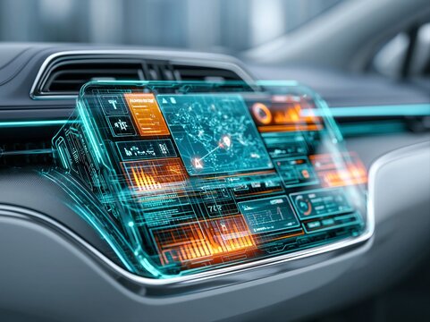 Dashboard display shows navigation and data in modern car at a busy city location during daytime