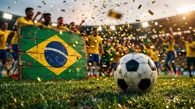Soccer ball on stadium grass close-up with Brazilian football players celebrating victory with falling golden confetti behind a rustic wooden Brazil flag board.