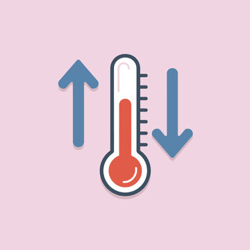 A thermometer with arrows showing temperature increase and decrease concept