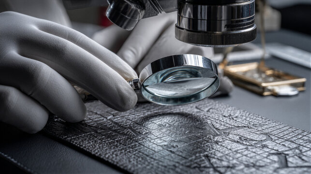 White gloved hands inspecting luxury hardware with a magnifier on dark leather. Cinematic macro lighting evokes a trustworthy atmosphere. Ample copy space ideal for premium authentication marketing.