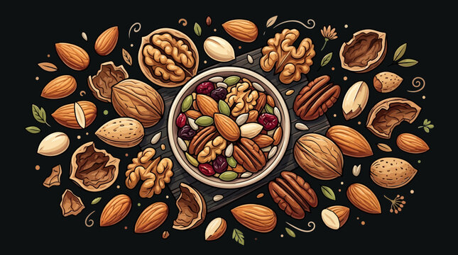 Mixed nuts bowl with almonds walnuts pecans and dried fruits