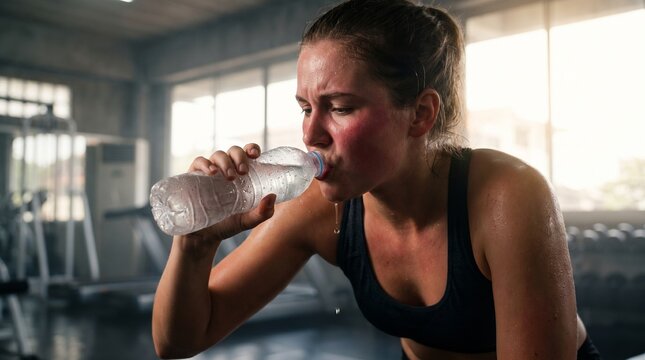 Overheated young fit woman hydrating after an intense workout in a sweltering gym. Sweaty exhausted female athlete with a flushed face drinking cold water from a plastic bottle during an extreme summe