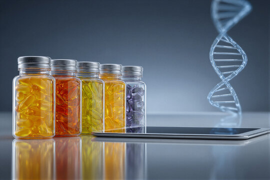 Commercial macro shot of minimalist vitamin bottles beside a tablet with glowing DNA light. Cool Morandi gradient and cinematic lighting provide clean negative space for health supplement branding.