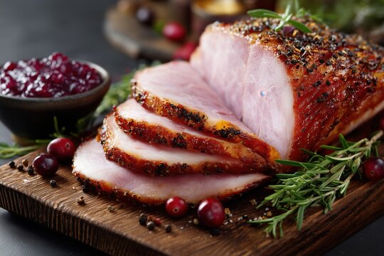 Sliced ham with spices and cranberry sauce on a wooden board for an easter dinner.