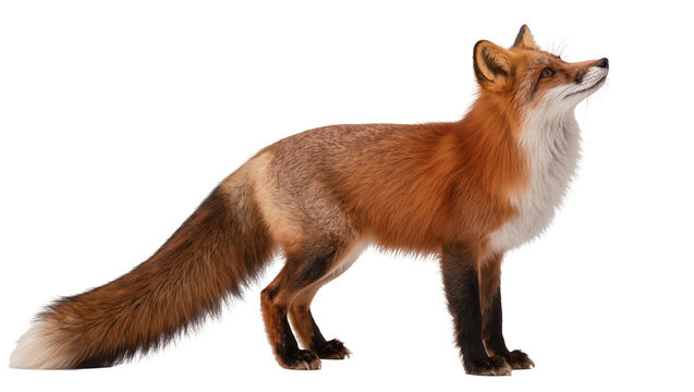 Red fox standing profile view looking up