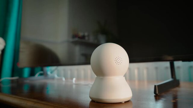 Connected home security camera near television for indoor remote surveillance. Smart IP monitoring device supporting household protection and real time observation in modern living room. Wireless