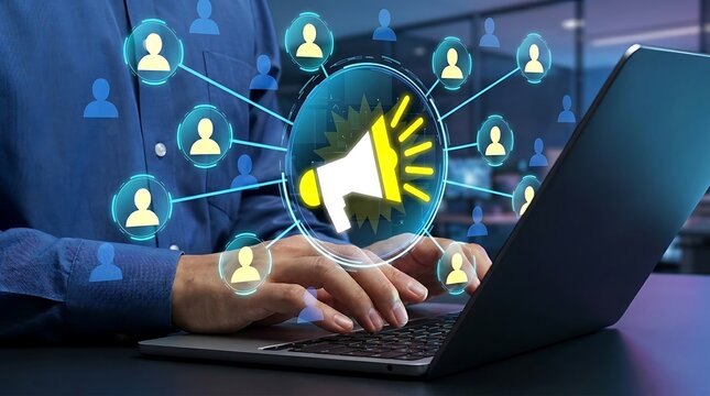 Social media marketing dashboard visualizing audience targeting and promotional communication through digital advertising network