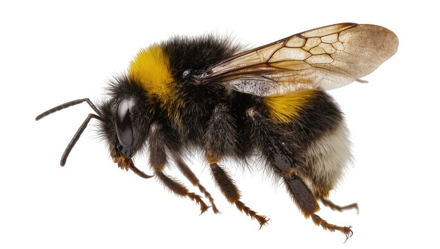 Fuzzy bumblebee with yellow and black stripes and translucent wings