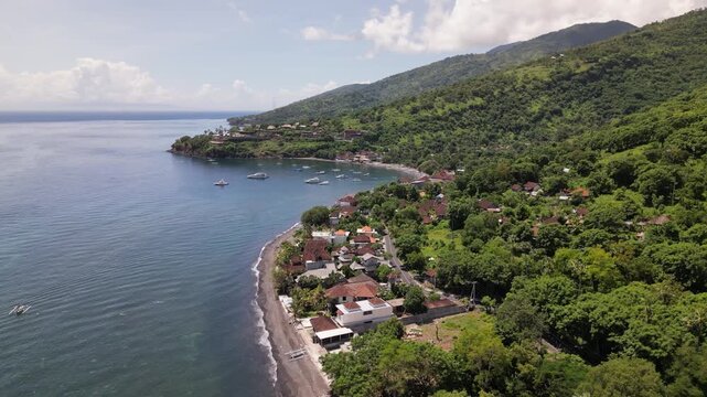 Panoramic View of Amed Coastline with Ocean and Green Hills in Bali
