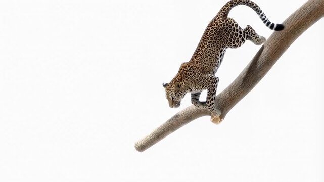 Agile leopard descending a tree branch in graceful motion against white background