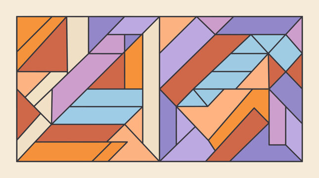 Abstract geometric mosaic artwork with interlocking triangles and parallelograms in orange, purple, blue, and gray across two framed panels