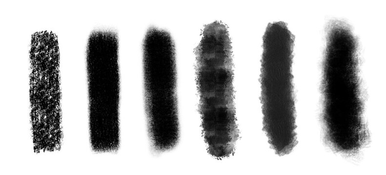 Set of black dry brush paint strokes isolated on transparent background. Rough grunge brush textures for artistic design, overlays, banners, frames and creative projects