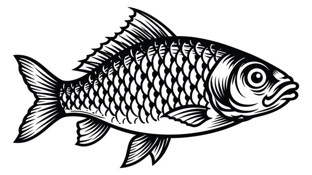 Fish illustration with detailed scales and fins in black and white