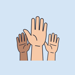 Fototapeta premium Three hands of different skin tones are raised in a gesture of unity