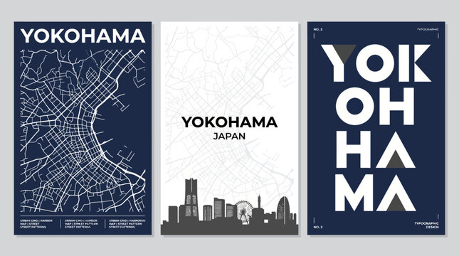 Yokohama City Map Poster - Blue and White Minimalist Skyline and Harbor Illustration for Modern Home or Office Decor